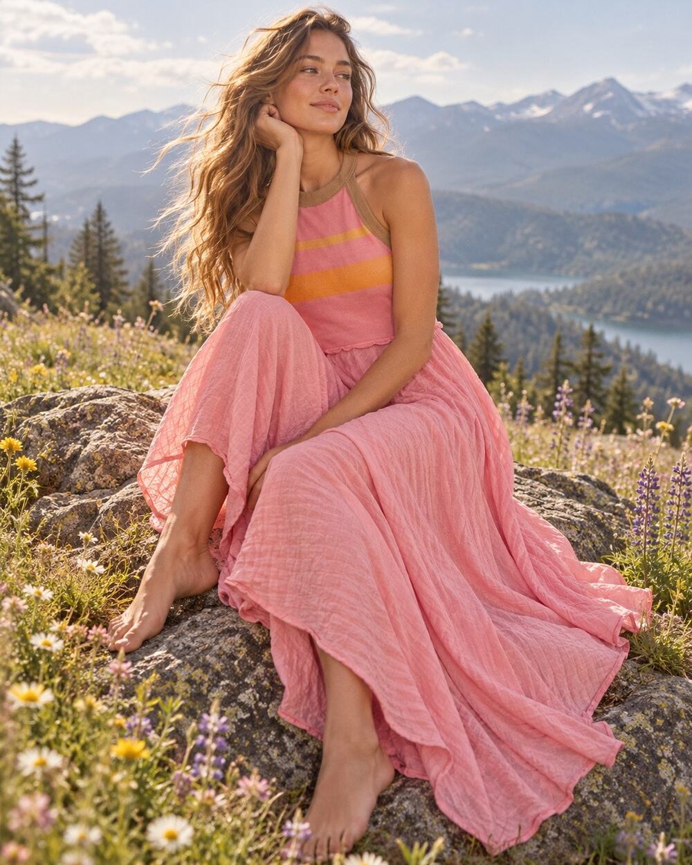 Free People Maxi Dress Womens Large Pink Orange Knit Color Block Hauler Textured